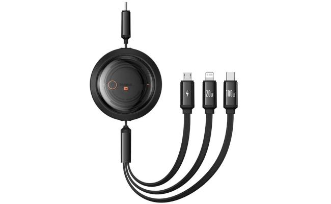 Baseus Free2Draw Retractable Crystal Fast Charging Data Cable Type-C to M+L+C 100W 1.1m Cluster Black